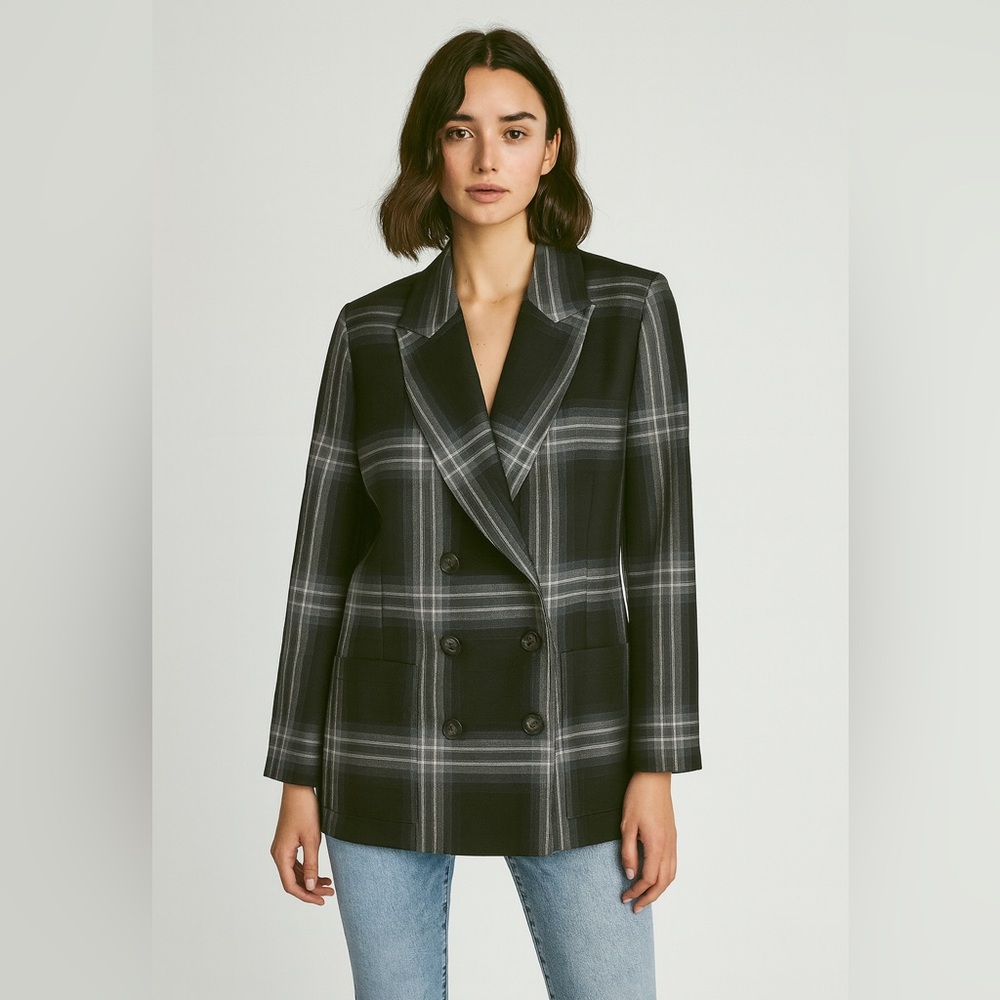 Pendleton Vintage Gray Plaid ‎ Wool Double Breasted Blazer Sz. 10P